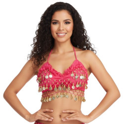Top de danse orientale à sequins dorés fuschia - 1