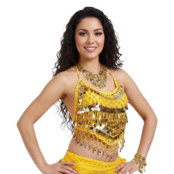 Top de danse orientale jaune avec sequins multicolores et pendants métalliques