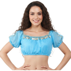 Top de danse orientale turquoise à manches courtes avec pièces dorées