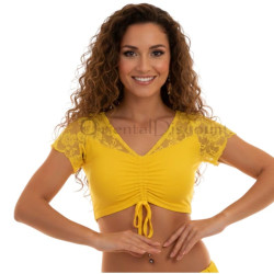 Top de danse orientale jaune à manches courtes avec dentelle