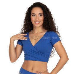 Top de danse orientale bleu à manches courtes style cache coeur