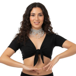 Top de danse orientale noir à manches courtes noué sur le devant