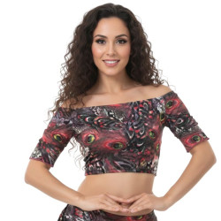 Brassière de danse orientale imprimé plumes de paon rouge - 1