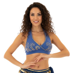 Bustier dos nu de danse orientale perlé or et bleu nuit - 1
