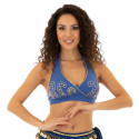 Bustier dos nu de danse orientale perlé or et bleu nuit