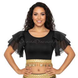 Top de danse orientale noir manches à volants en voile transparent femme