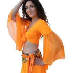 Top de Danse Orientale Orange Bi-Matière avec Manches Voilées en Résille - 1