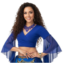 Top de danse orientale bleu cache-cœur avec manches longues en voile fluide