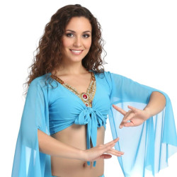 Top de danse orientale bleu clair noué devant avec manches longues en voile transparent