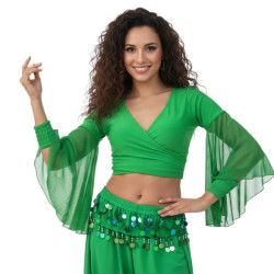 Top de danse orientale vert croisé avec manches longues transparentes évasées