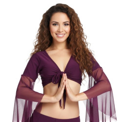 Top de danse orientale prune avec manches voile transparent et fermeture nouée devant