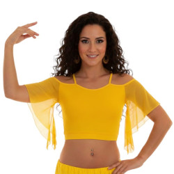 Top de danse orientale jaune avec épaules ajourées et manches voile légères