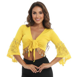 Haut de danse orientale à sequins jaune et dentelle - 1