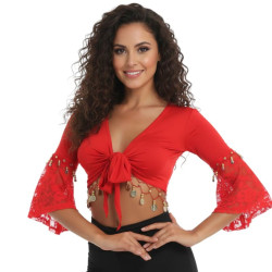 Haut de danse orientale à sequins rouge et dentelle - 1
