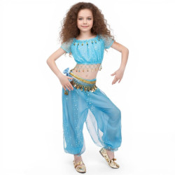 Costume de danse orientale top sarouel enfant à paillettes bleu ciel - 1