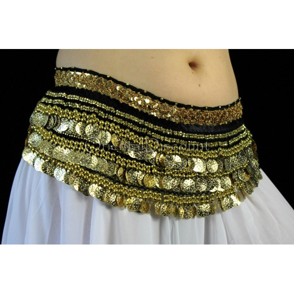 Ceinture De Danse Du Ventre Avec Sequins Et Pièces Dorées - 140x25 Cm, Noir, Pour Spectacles Et Fêtes