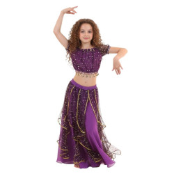 Costume de danse orientale enfant top + jupe à paillettes violet - 1