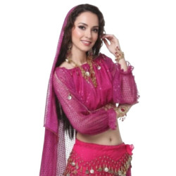 Top de danse orientale fuschia à paillettes – Manches longues et finition dorée - 1