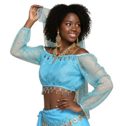 Brassière de danse orientale brillante à manches longues bleu ciel - 1