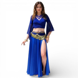 Jupe fendue et top manches voilées bleu roy pour la danse orientale - 1