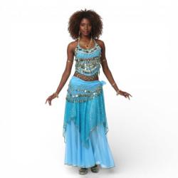 Tenue de danse orientale 2 pièces Haut + Jupe bleu ciel et or - 1