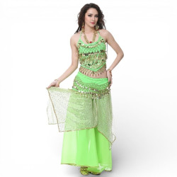 Tenue de danse orientale 2 pièces Haut + Jupe vert clair et or - 1