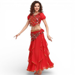 Tenue de danseuse orientale rouge top jupe et ceinture - 1