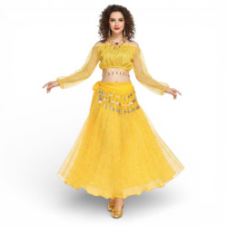 Costume de danse à paillettes jaune top + jupe - 1