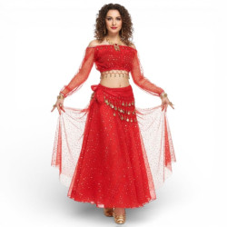 Costume de danse à paillettes rouge top + jupe - 1