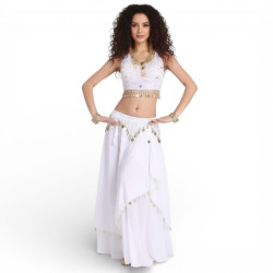 Ensemble de danse orientale top + jupe longue à sequins blanc - 1