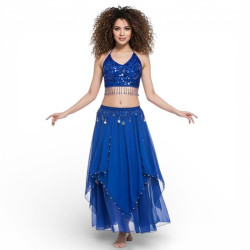 Ensemble de danse orientale top + jupe longue à sequins bleu roy - 1