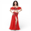 Costume de danse orientale 3 pièces rouge à paillettes argent
