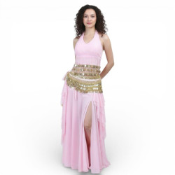 Costume de danse orientale 3 pièces jupe top et ceinture rose et or - 1