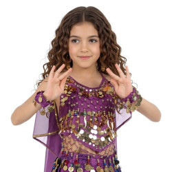Top de danse orientale fille à grelots et pastilles dorées violet - 1