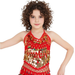 Top enfant de danse orientale à grelots et pastilles dorées rouge - 1