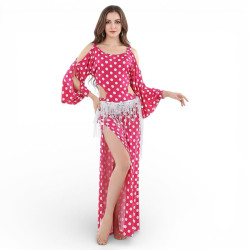 Robe orientale de danse orientale rose à pois blancs - 1