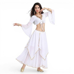 Costume de danse orientale femme blanc et or fluide en mousseline, top cache-cœur et jupe longue - 1