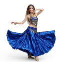 Tenue de danse orientale femme bleu royal satin fluide – top dos nu orné et jupe longue