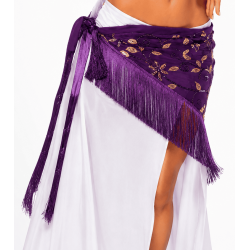 foulard de danse orientale léger prune avec franges violettes et broderies dorées pailletées