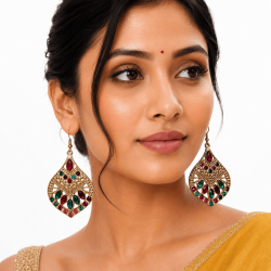Femme portant des boucles d’oreilles indiennes multicolores dorées pendantes style oriental traditionnel