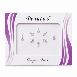 Bindi indien argenté autocollant avec strass en paquet blanc et violet sur fond blanc