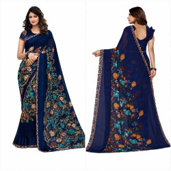 Sari bleu marine fleuri élégant pour cérémonie, réception et occasion spéciale