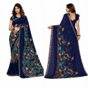 Sari bleu marine fleuri élégant pour cérémonie et réception
