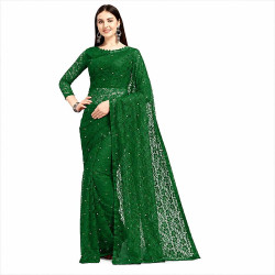 Sari vert en dentelle ornée de perles blanches pour danse indienne et spectacle
