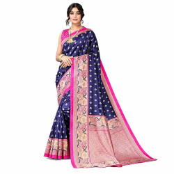 Sari Banarasi bleu marine et rose élégant pour femme