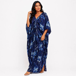 Djellaba femme coupe papillon imprimée bleu marine vue de face