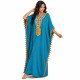 Djellaba femme pompons bleu canard à manches amples et pompons décoratifs.