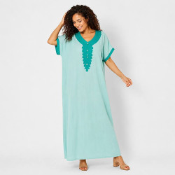 Djellaba femme col brodé bleu turquoise avec boutons strass 80% coton 20% polyester