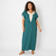 Djellaba femme col brodé vert avec boutons strass 80% coton 20% polyester