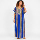 Gandoura femme à rayures bleu roi avec broderies dorées au col et aux manches courtes